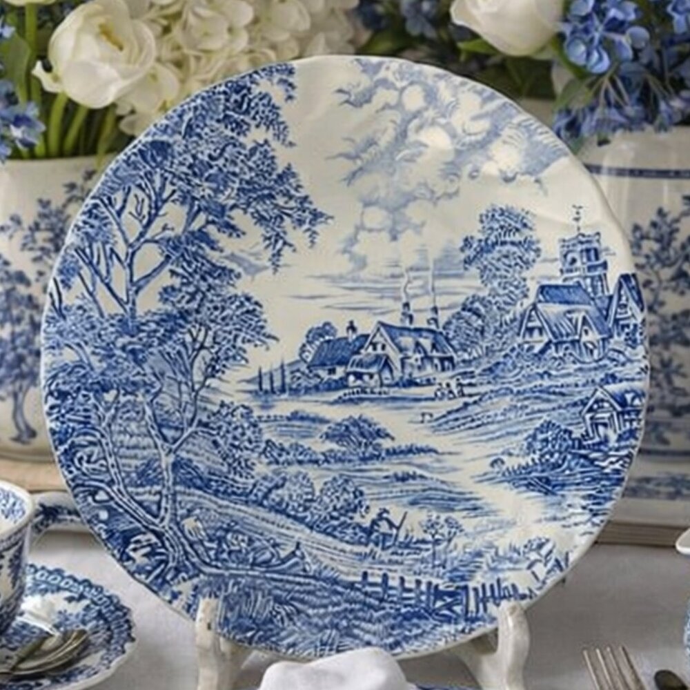 Vintage RIDGWAY Soup Bowl Ironstone Meadowsweet Blue and White Scenic 6" x 2"